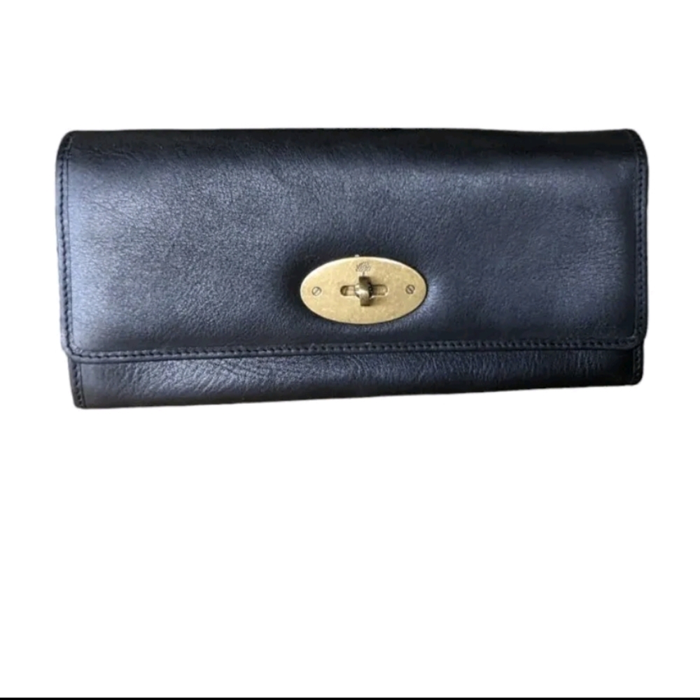 Mulberry Black Classic Leather Passport ID Twist Lock Brass Hardware Wallet